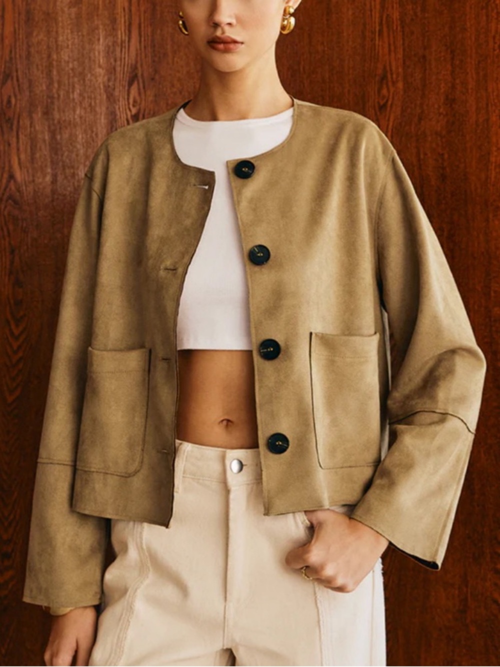 Zara Tan Suede-Style Boxy Utility Jacket